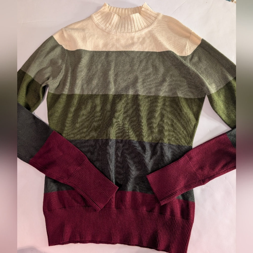 Voodoo Vixen Striped Cowl Sweater in Cream, Olive, Gray & Burgundy XS